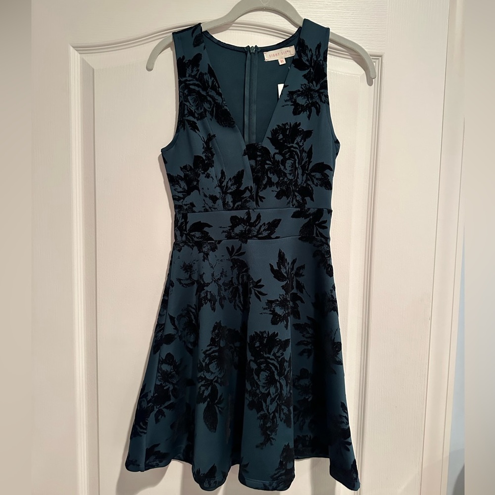 South Moon Under Dress, Dark Green with Black Velvet Floral, Size XS